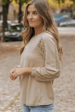 Discount Dear-Lover Lace Patch Sleeve Waffle Knit Top Light French Beige