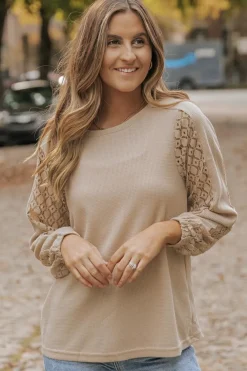 Discount Dear-Lover Lace Patch Sleeve Waffle Knit Top Light French Beige