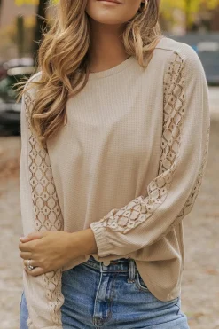 Discount Dear-Lover Lace Patch Sleeve Waffle Knit Top Light French Beige