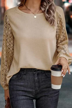 Discount Dear-Lover Lace Patch Sleeve Waffle Knit Top Light French Beige