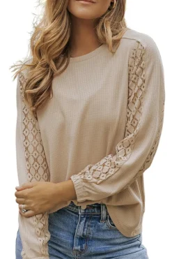 Discount Dear-Lover Lace Patch Sleeve Waffle Knit Top Light French Beige