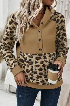 Discount Dear-Lover Leopard Print Patchwork Raglan Sleeve Half Buttons Hoodie Light French Beige