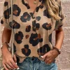 Discount Dear-Lover Leopard Folded Short Sleeve Buttoned V Neck T Shirt Light French Beige