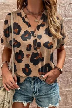 Discount Dear-Lover Leopard Folded Short Sleeve Buttoned V Neck T Shirt Light French Beige