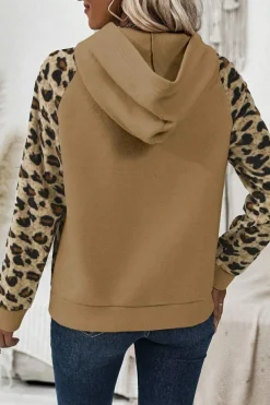 Discount Dear-Lover Leopard Print Patchwork Raglan Sleeve Half Buttons Hoodie Light French Beige