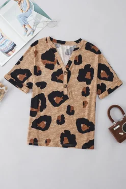 Discount Dear-Lover Leopard Folded Short Sleeve Buttoned V Neck T Shirt Light French Beige