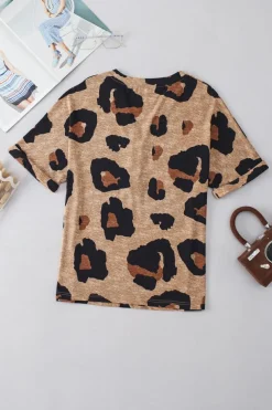 Discount Dear-Lover Leopard Folded Short Sleeve Buttoned V Neck T Shirt Light French Beige