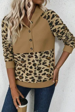 Discount Dear-Lover Leopard Print Patchwork Raglan Sleeve Half Buttons Hoodie Light French Beige