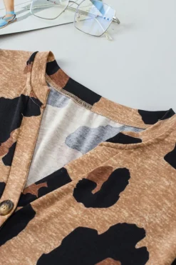 Discount Dear-Lover Leopard Folded Short Sleeve Buttoned V Neck T Shirt Light French Beige