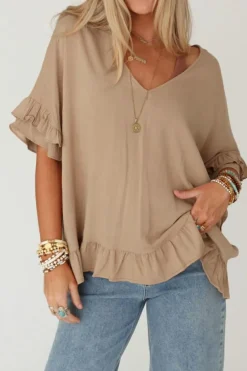 Online Dear-Lover Loose Ruffled V Neck Blouse Light French Beige