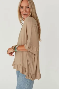 Online Dear-Lover Loose Ruffled V Neck Blouse Light French Beige