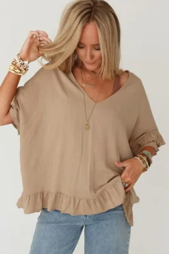 Online Dear-Lover Loose Ruffled V Neck Blouse Light French Beige