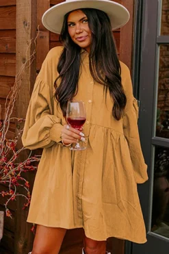 New Dear-Lover Loose Bishop Sleeve Shirt Dress Light French Beige