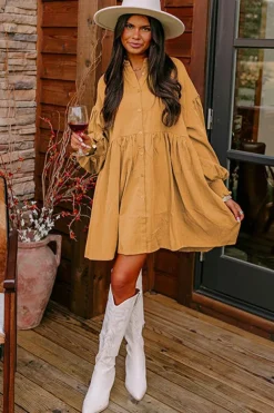 New Dear-Lover Loose Bishop Sleeve Shirt Dress Light French Beige