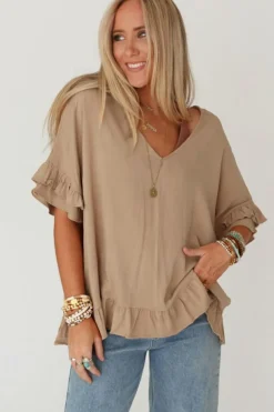 Online Dear-Lover Loose Ruffled V Neck Blouse Light French Beige