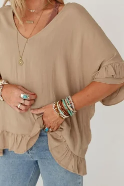 Online Dear-Lover Loose Ruffled V Neck Blouse Light French Beige