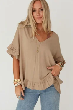 Online Dear-Lover Loose Ruffled V Neck Blouse Light French Beige