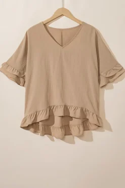 Online Dear-Lover Loose Ruffled V Neck Blouse Light French Beige