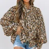 Sale Dear-Lover Oversized Leopard Print Balloon Sleeve Casual Shirt Light French Beige