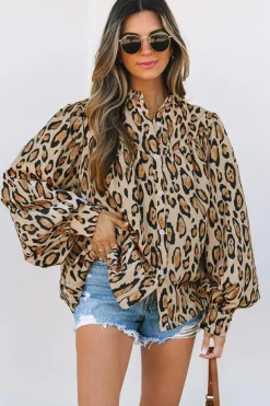 Sale Dear-Lover Oversized Leopard Print Balloon Sleeve Casual Shirt Light French Beige