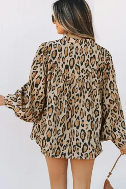 Sale Dear-Lover Oversized Leopard Print Balloon Sleeve Casual Shirt Light French Beige