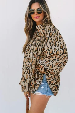 Sale Dear-Lover Oversized Leopard Print Balloon Sleeve Casual Shirt Light French Beige