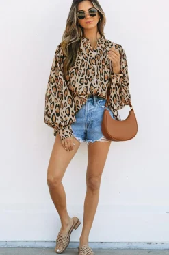Sale Dear-Lover Oversized Leopard Print Balloon Sleeve Casual Shirt Light French Beige