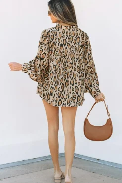 Sale Dear-Lover Oversized Leopard Print Balloon Sleeve Casual Shirt Light French Beige