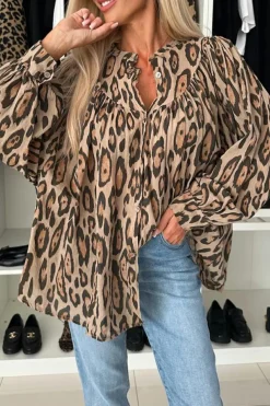 Sale Dear-Lover Oversized Leopard Print Balloon Sleeve Casual Shirt Light French Beige