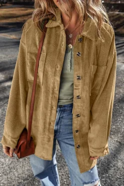Best Dear-Lover Patched Pocket Button Up Corduroy Shacket Light French Beige