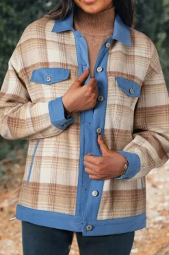 Outlet Dear-Lover Plaid Patchwork Flap Detail Button Up Shacket Light French Beige