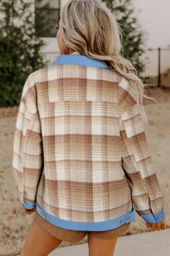 Outlet Dear-Lover Plaid Patchwork Flap Detail Button Up Shacket Light French Beige