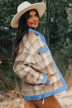 Outlet Dear-Lover Plaid Patchwork Flap Detail Button Up Shacket Light French Beige