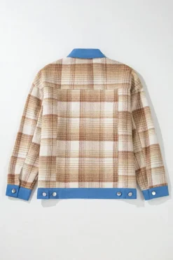 Outlet Dear-Lover Plaid Patchwork Flap Detail Button Up Shacket Light French Beige