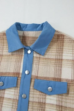 Outlet Dear-Lover Plaid Patchwork Flap Detail Button Up Shacket Light French Beige