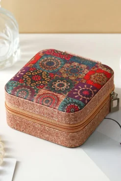 Best Dear-Lover Retro Floral Print Portable Square Jewelry Box Light French Beige