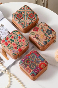 Best Dear-Lover Retro Floral Print Portable Square Jewelry Box Light French Beige