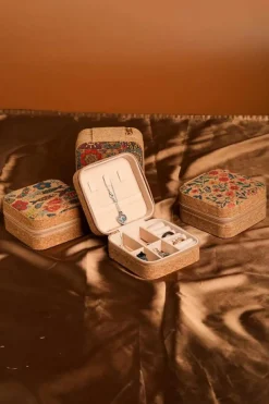 Best Dear-Lover Retro Floral Print Portable Square Jewelry Box Light French Beige