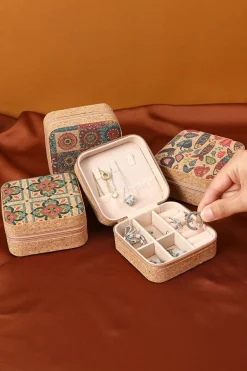 Best Dear-Lover Retro Floral Print Portable Square Jewelry Box Light French Beige