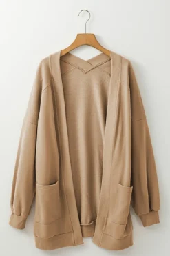 Best Dear-Lover Ribbed Edge Exposed Seam Knit Cardigan with Pockets Light French Beige