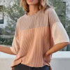Clearance Dear-Lover Rose Color Block Ribbed Side Slits Half Sleeve Top Light French Beige