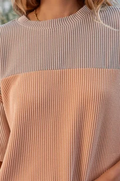 Clearance Dear-Lover Rose Color Block Ribbed Side Slits Half Sleeve Top Light French Beige
