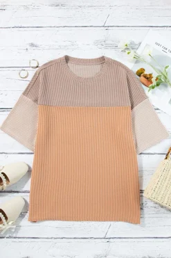 Clearance Dear-Lover Rose Color Block Ribbed Side Slits Half Sleeve Top Light French Beige