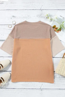 Clearance Dear-Lover Rose Color Block Ribbed Side Slits Half Sleeve Top Light French Beige