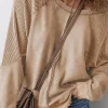 Clearance Dear-Lover Solid Waffle Knit Patchwork Raglan Sleeve Sweatshirt Light French Beige
