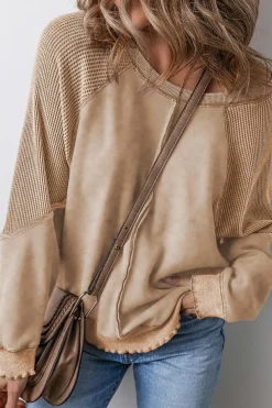 Clearance Dear-Lover Solid Waffle Knit Patchwork Raglan Sleeve Sweatshirt Light French Beige