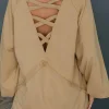 Clearance Dear-Lover Solid Color Lattice Hollow Out Back Sweatshirt Light French Beige