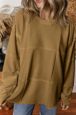 Hot Dear-Lover Solid Color Patchwork Drop Shoulder Baggy Sweatshirt Light French Beige