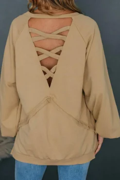 Clearance Dear-Lover Solid Color Lattice Hollow Out Back Sweatshirt Light French Beige