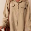 Fashion Dear-Lover Solid Frilled Flap Pocket Button Up Corduroy Shacket Light French Beige